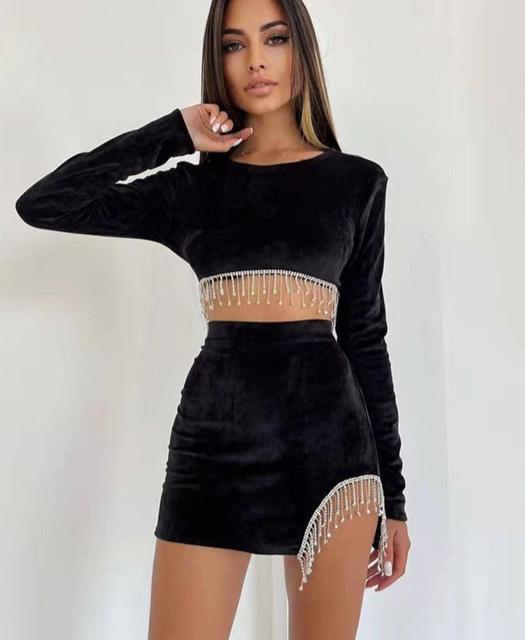flowersverse Women Fashion Tassel Dress Two Piece Set Sexy Club Long Sleeve Tops And High Waisted Mini Skirt Suit Winter Outfits