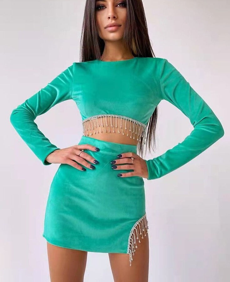 flowersverse Women Fashion Tassel Dress Two Piece Set Sexy Club Long Sleeve Tops And High Waisted Mini Skirt Suit Winter Outfits