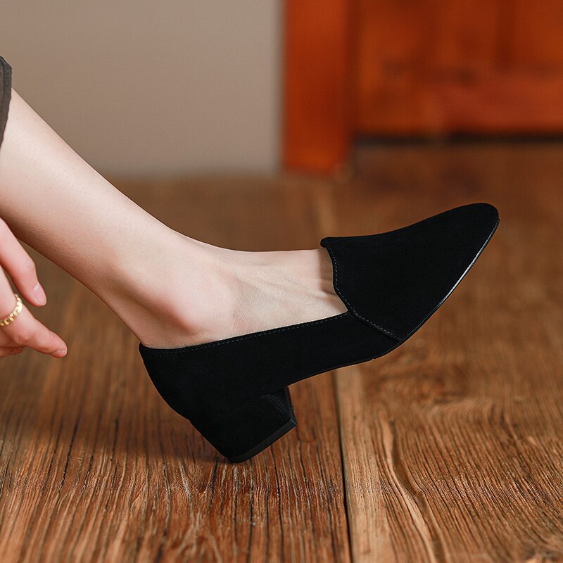 Back to school spring Women's pumps Natural Leather 22-24.5cm Sheep suede upper pointed Thick high heels shoes for women 4/6/8cm heel