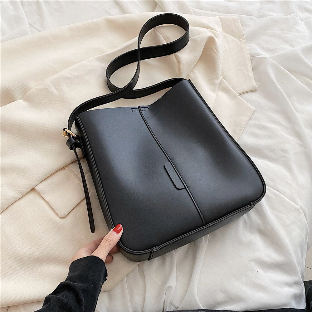 flowersverse Back to school Wide Strap Bucket Large Shoulder Bags For Women Trend Fashion Simple Solid Color Design Crossbody Ladies Handbags