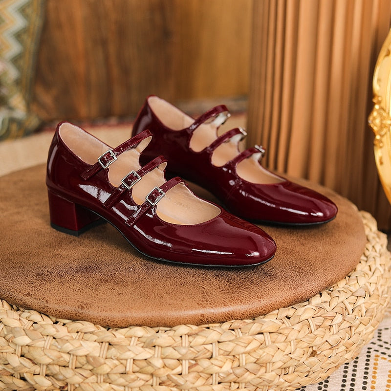 Back to school new Women's pumps Natural Leather 22-24.5cm Cow patent leather upper square toe Mary Jane shoes full leather shoes