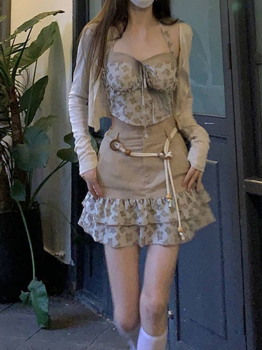 flowersverse 3 Piece Dress Set Women Slim Vintage Crop Tops + Short Skirts Floral Corset Dress Korean Fashion Suits Female Casual Summer