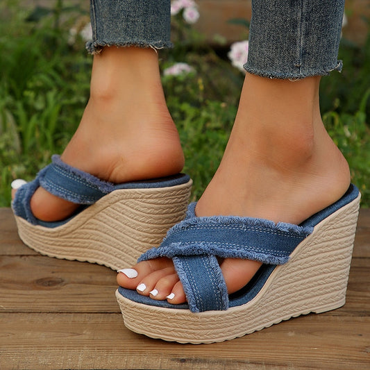 flowersverse Cross Strap High Wedge Slippers Women Summer Blue Denim Chunky Platform Sandals Woman Non Slip Thick Sole Slides Flip Flops