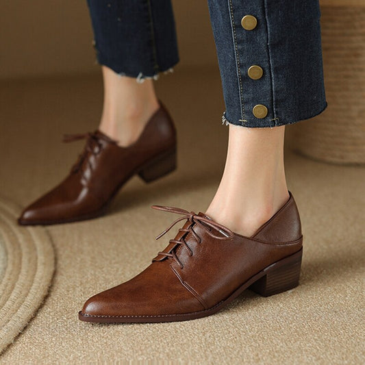 flowersverse Spring/Autumn Women Shoes Pointed Toe High heels Split Leather Chunky Heel Women Pumps Retro Lace Up Black Shoes for Women