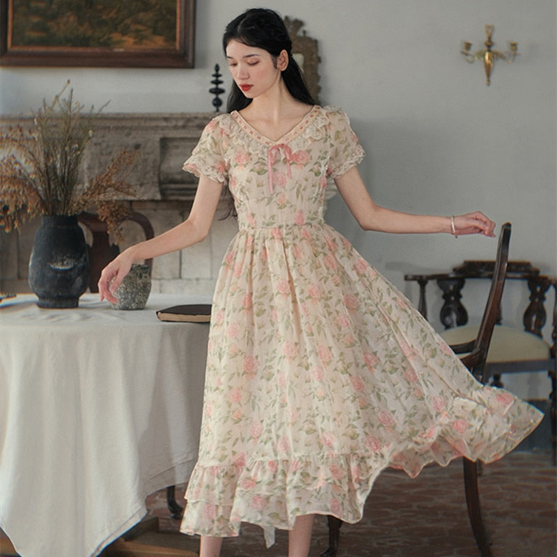 flowersverse Back to school outfit Mori Girl Print Floral Dress Woman Summer Vingtage French Style Peter Pan Collar Lace Puff Sleeve Dresses Robe Fleurie