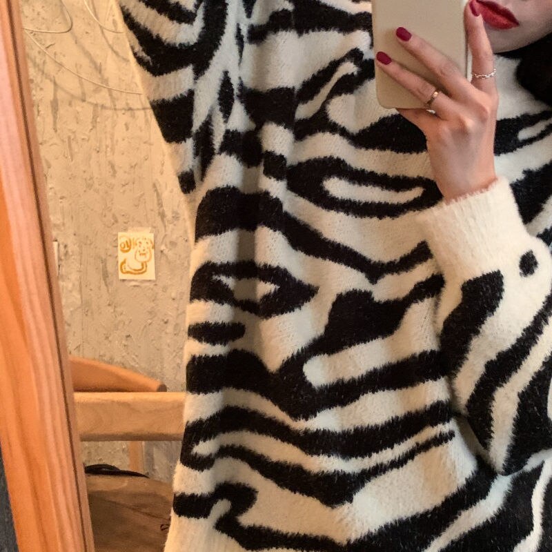 flowersverse Autumn Winter Top New Korean Zebra Print Loose Lazy Wind Pullover Warm Long Sleeve Bottomed Sweater