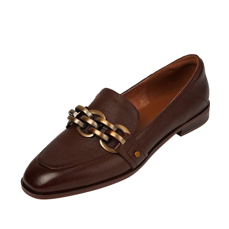 flowersverse New Women Chain Loafers 22-25cm Low Heels Genuine Leather Round Toe Slip on Loafers Ladies Cozy Casual Spring Shoes