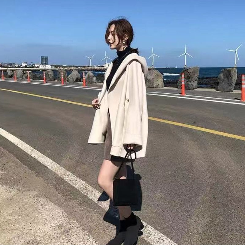 flowersverse Blends Women Solid Hooded Open Stitch Loose Gentle Design Basic All-Match Korean Style Fashion Ins Mujer Casual Warm College New