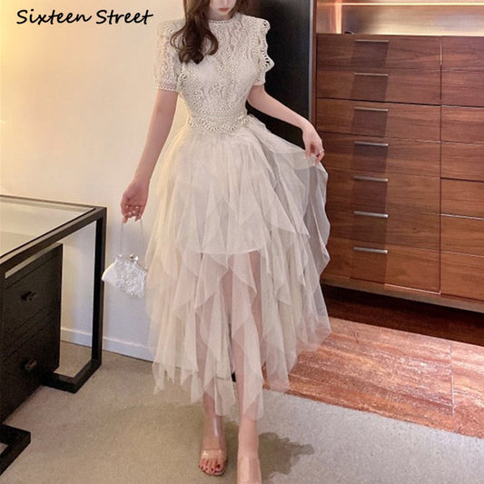 flowersverse Apricot Mesh Dress Woman Summer Vintage High Waist Ball Gown Dress Bodycon Female Elegant Party Bridesmaid Maxi Dresses Woman