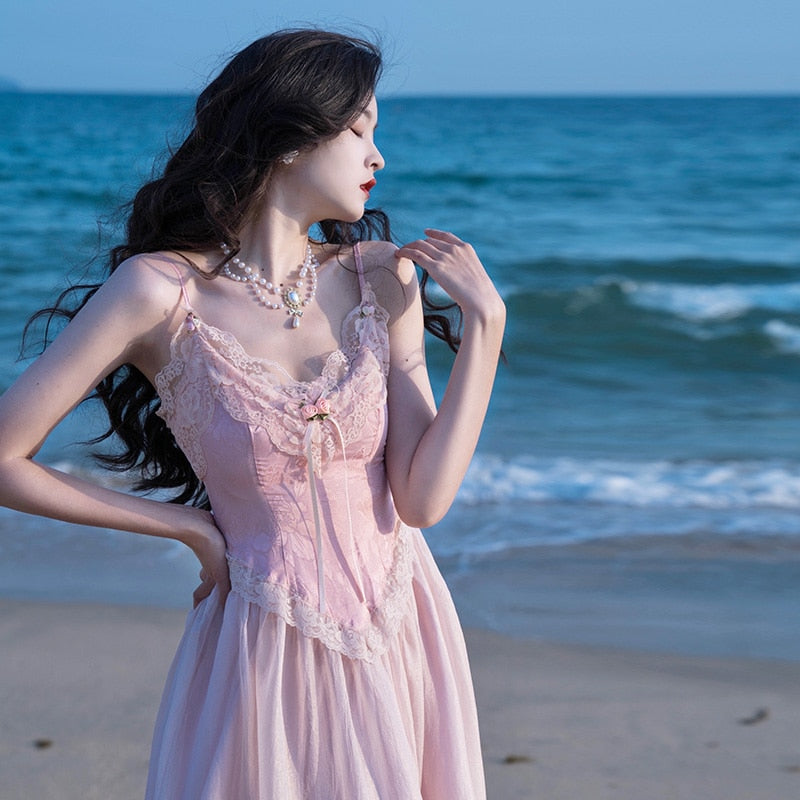 flowersverse Back to school outfit Retro French Style Pink Dress For Slim Lady Summer Jacquard Lace Spaghttti Strap Long Dresses Party Night Robe Rose Vestido