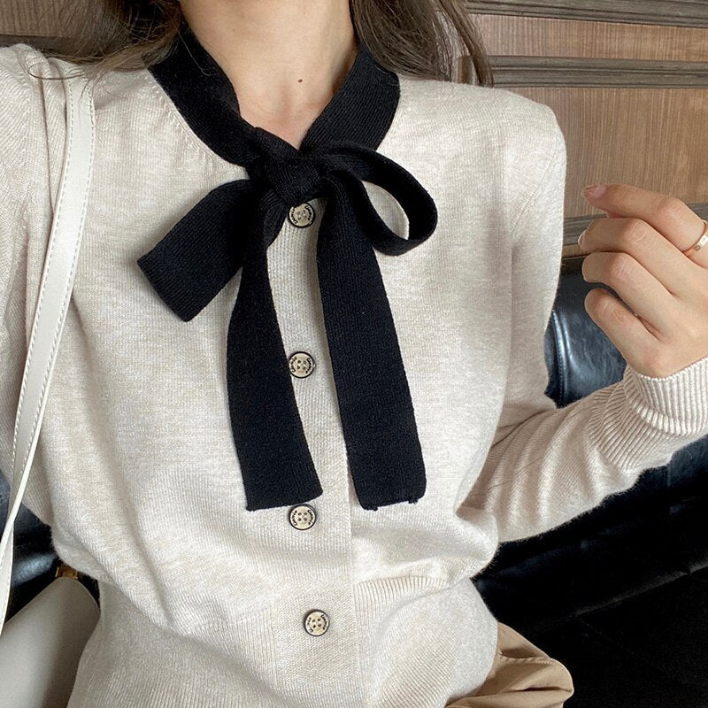 flowersverse Back to school outfit Women Sweater Elegant Korean Chic Autumn Contrasting Color Lace-Up Bow Loose Slimming Long-Sleeved Cardigans