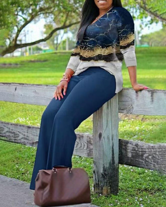 flowersverse Two Piece Sets Womens Outifits Spring Fashion Marble Print V-Neck Long Sleeve Top & Casual High Waist Daily Long Pants Set