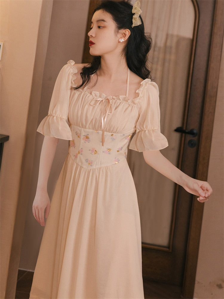 flowersverse Back to school outfit Cottage Style Retro Fairy Dress Woman Romantic Vintage Flare Sleeve Embroidery Floral Bandage Princess Dresses Vestido Festa