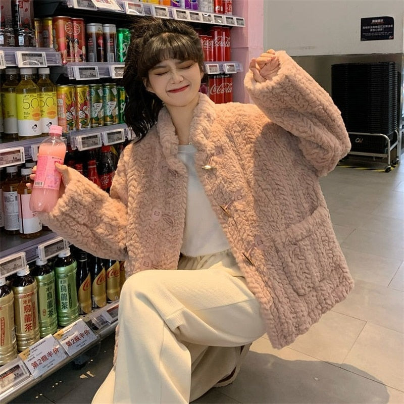 flowersverse Basic Jackets Women Solid Simple Trendy Teens Loose Winter Cozy Chic Casual College Young Ladies Korean Style All-Match Leisure