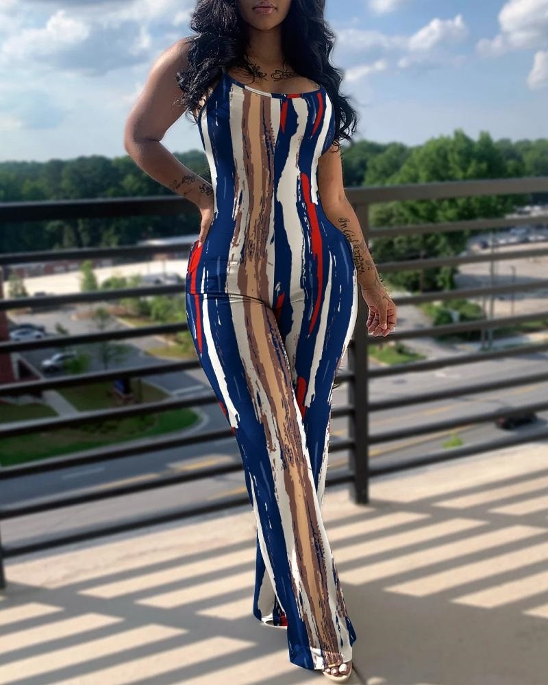 flowersverse Women's Jumpsuit Summer Fashion Printed Solid Color V-Neck Casual Sleeveless Long Skinny Suspender Jumpsuit