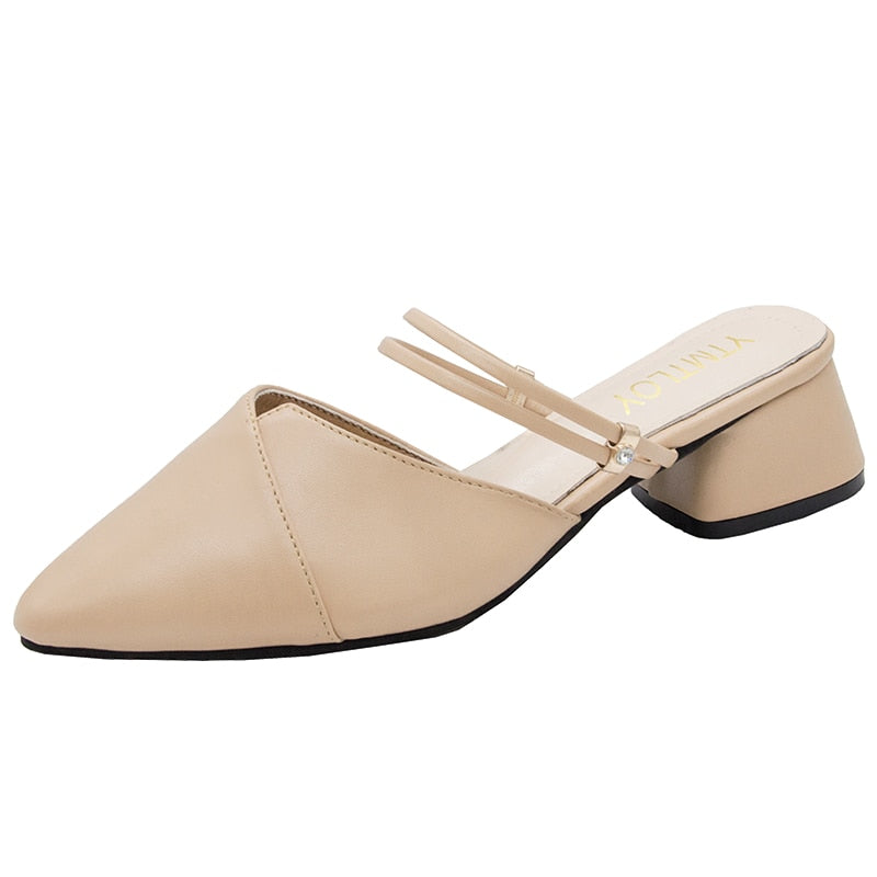 flowersverse Party Women Mules Slipper Pointed Toe Block Strap Closed Shallow High Heels Shoes Sandals Black Beige Square heel Pumps