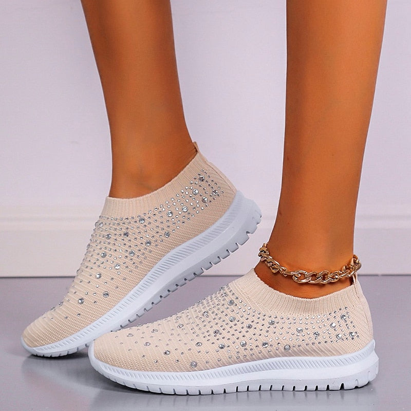 flowersverse Shining Crystal Flats Shoes for Women Plus Size Breathable Mesh White Sneakers Woman Spring Summer Soft Sole Sports Shoes