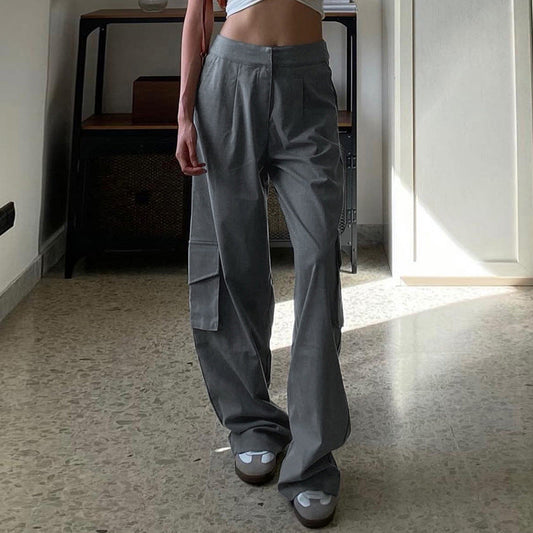 flowersverse Baggy Cargo Pants Y2k Streetwear Fashion Grey Wide Leg Pants Women Bottoms Autumn Casual Trousers P84-DG32