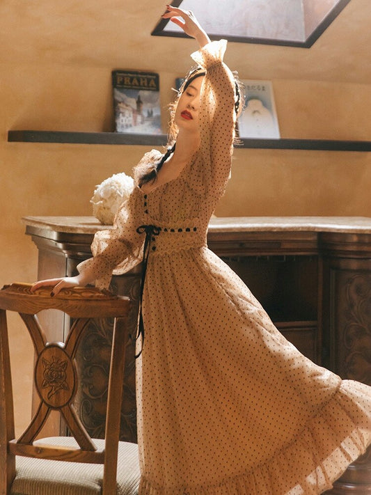 flowersverse Back to school Vintage Dot Mesh Fairy Dress Women Romantic Retro Khaki Flare Sleeve Bandage Princess Dresses For Elegant Lady Vestido Festa