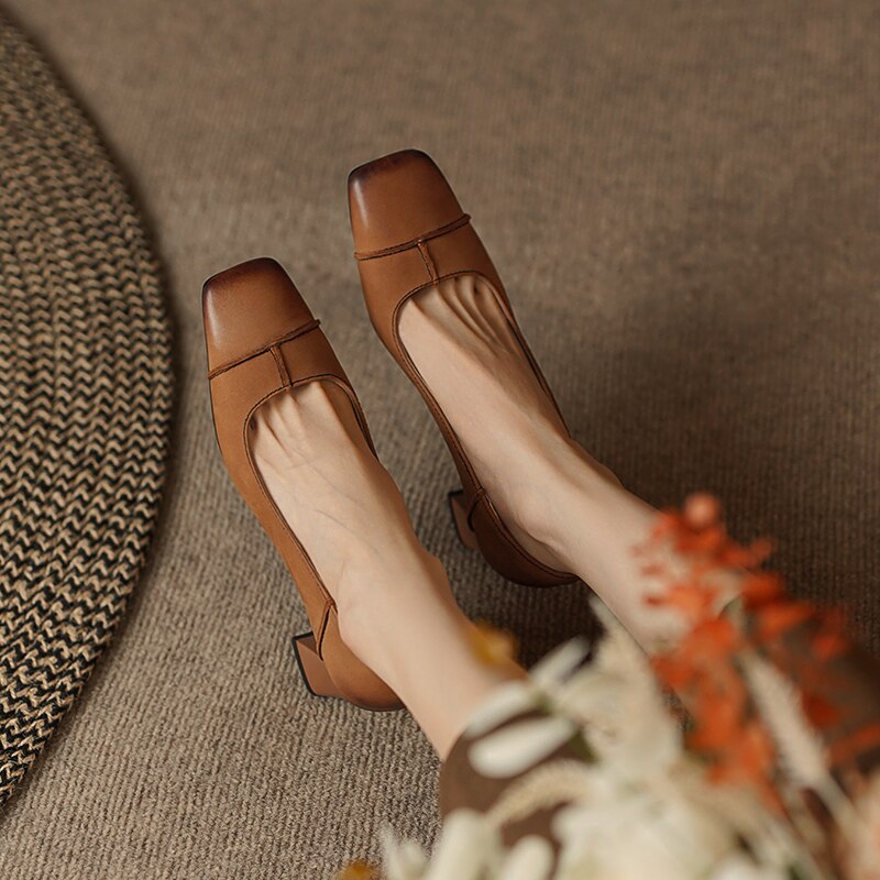 flowersverse new Spring women pumps natural leather 22-25cm length sheepskin+cowhide+pigskin full leather square toe shoes fashion