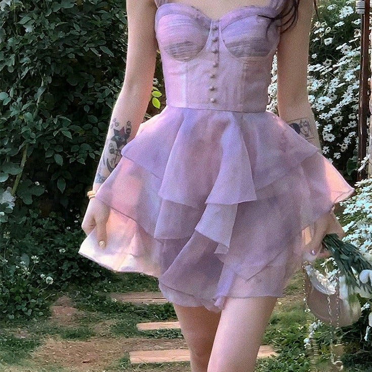 flowersverse Beach Strap Dress Women Sleeveless Design Lace Short Party Dress Evening Female Korean Clothing Elegant Chic Dress Summer