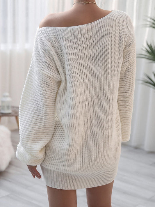 flowersverse Autumn Winter Women Off Shoulder Knitted Sweater Dresses Oversized Lantern Long Sleeve Casual Elegant Mini Dress Female Robes