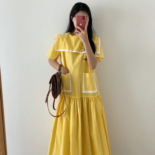 flowersverse Back to school outfit Long Dress Women Summer Korean Chic Sweet Navy Collar Contrast Color Stitching Short-Sleeved Double-Pocket Vestidos