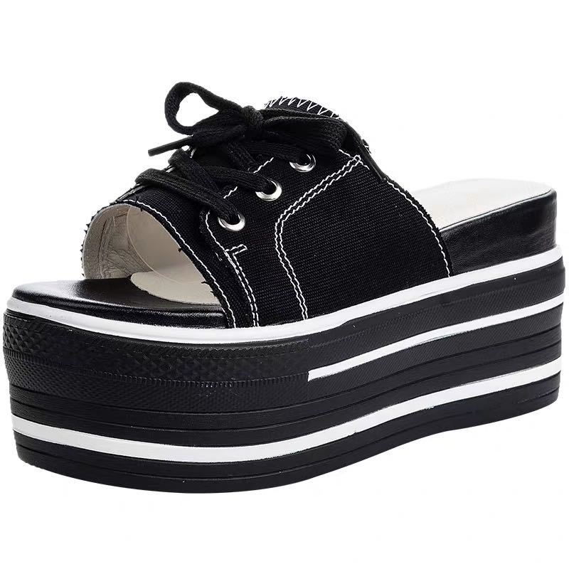 flowersverse 9.5Cm Super High Platform Flats Wedge Genuine Leather Women Summer Shoes Lace Up Open Toe Slides Slippers Mules Sandals