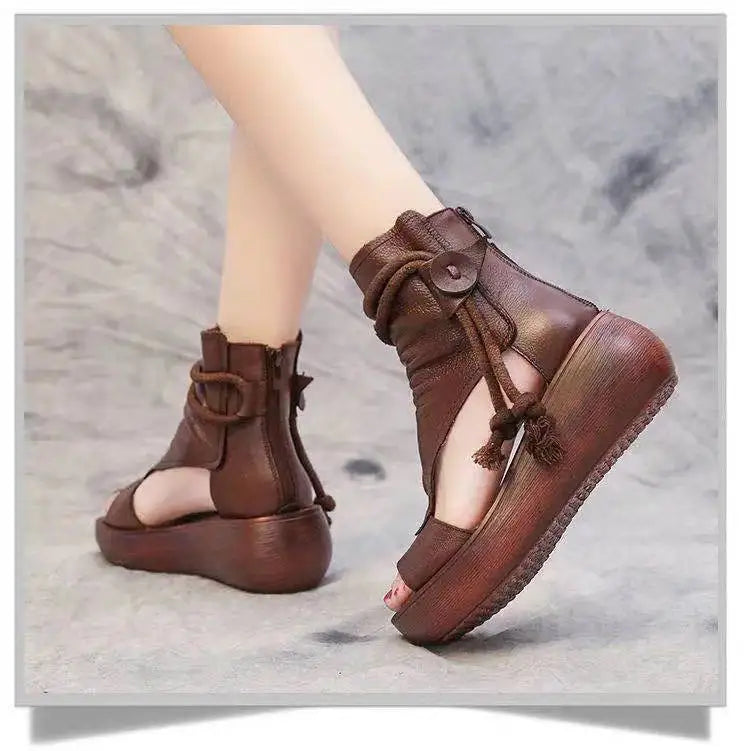 flowersverse-Shoes for Women Ladies Vintage Pu Leather Boots Fashion Women Sandals Summer Mid Heels Wedges Shoes Sandalias Mujer Sneakers