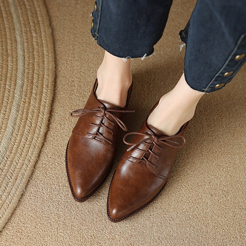 flowersverse Spring/Autumn Women Shoes Pointed Toe High heels Split Leather Chunky Heel Women Pumps Retro Lace Up Black Shoes for Women