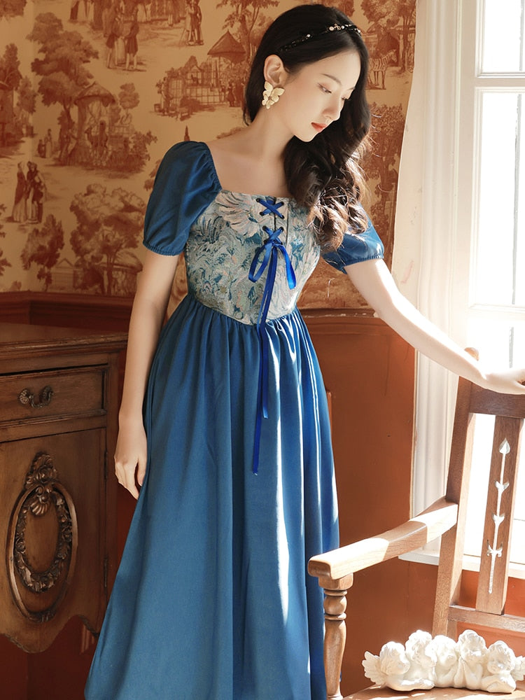 flowersverse Back to school outfit Summer Vintage Oil Paintings Jacquard Blue Dress For Slim Lady Retro French Style Floral Bandage Princess Dresses Vestido Festa