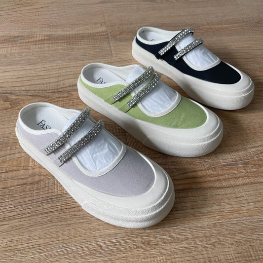 flowersverse Summer Shoes For Women Sandals New Women's Shoes Flat-Bottomed Rhinestone Sports And Leisure Canvas Baotou Slippers