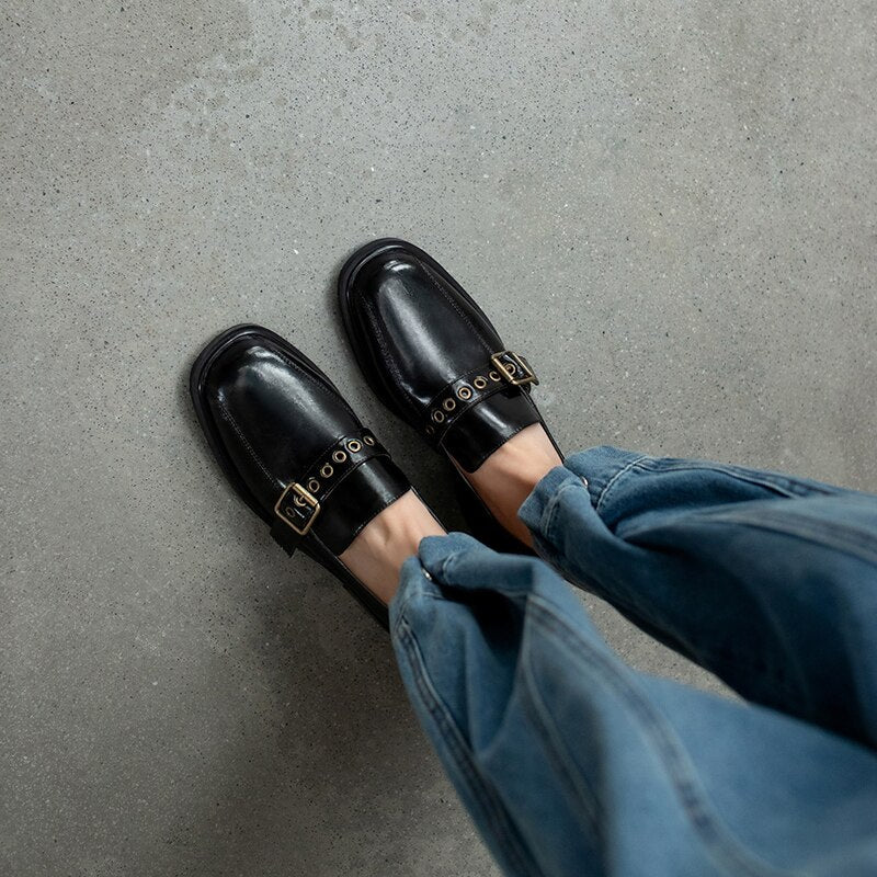 Back to school Hot sale Women's shoes 22-25cm length natural leather pumps Square toe buckle Women heels 2 colors black shoes heels for women