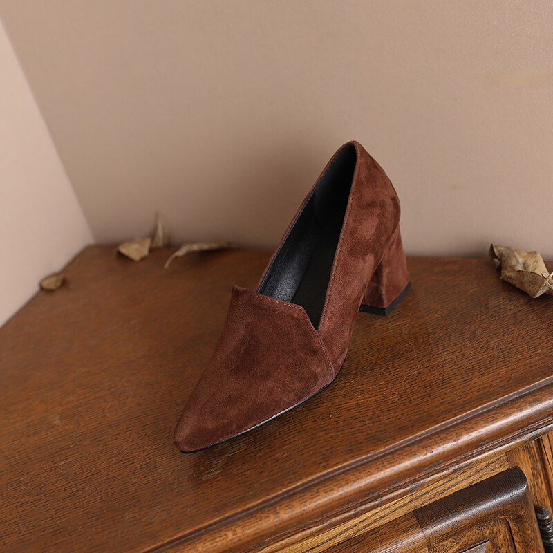 Back to school spring Women's pumps Natural Leather 22-24.5cm Sheep suede upper pointed Thick high heels shoes for women 4/6/8cm heel
