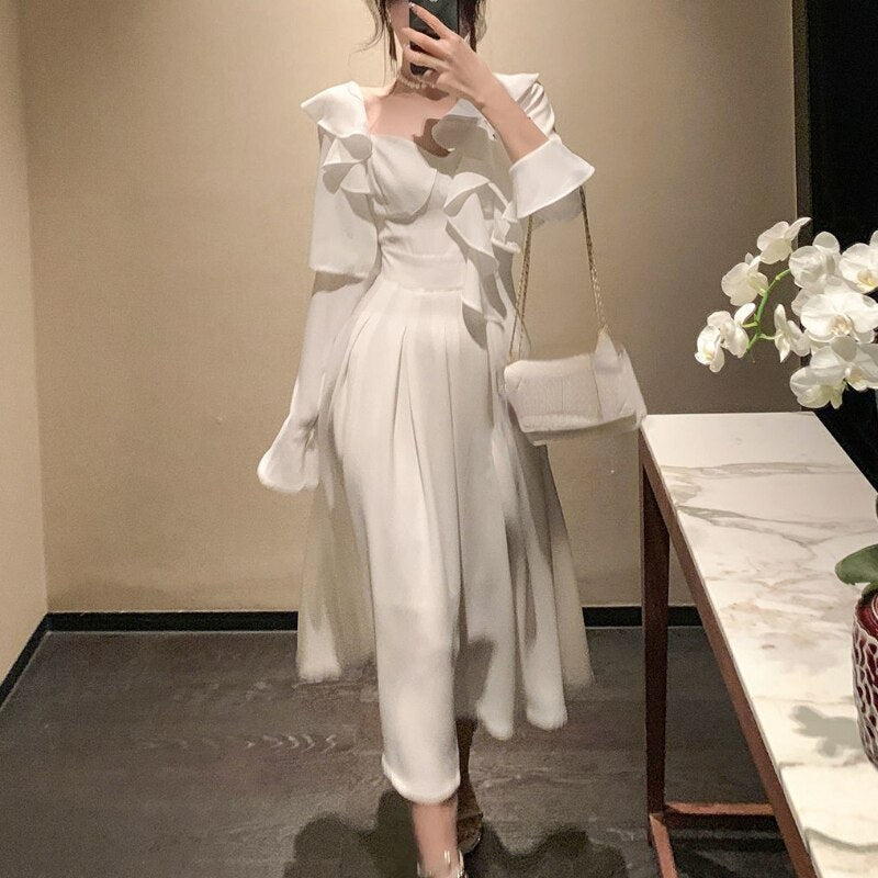 flowersverse Back to school outfit Summer Long Sleeve Pure Color Dress Woman Casual Elegant Midi Dress Vintage Korean Fashion Evening Party Dress Design Slim