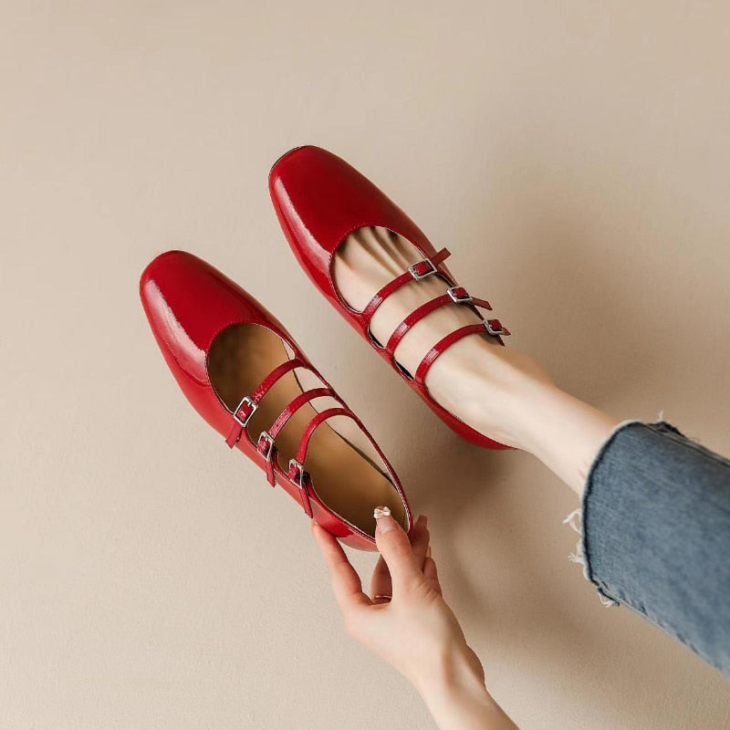 Back to school new Women's pumps Natural Leather 22-24.5cm Cow patent leather upper square toe Mary Jane shoes full leather shoes