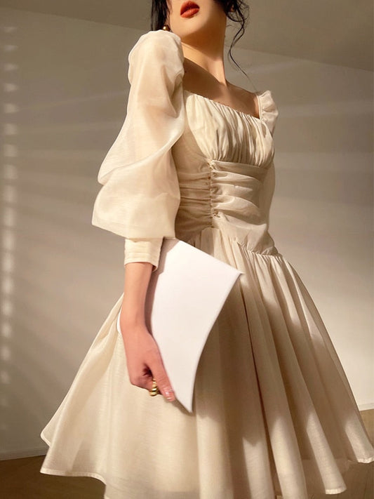 flowersverse Summer Pure Color Elegant Mini Dress Woman Casual Long Sleeve Short Party Dress Beach Style Korea Fashion Dress Office Lady