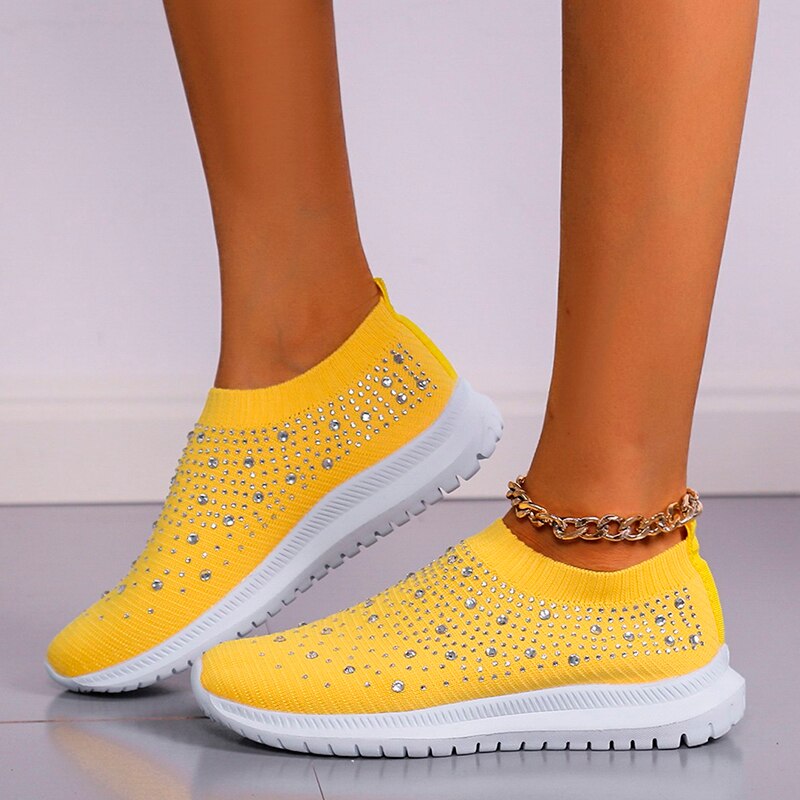 flowersverse Shining Crystal Flats Shoes for Women Plus Size Breathable Mesh White Sneakers Woman Spring Summer Soft Sole Sports Shoes