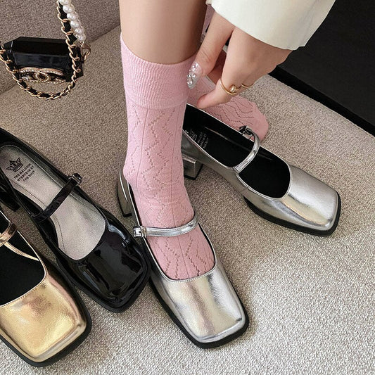 Back to school new spring women pumps natural leather 22-24.5cm length cowhide+sheepskin full leather square toe Buckle Mary Jane shoes