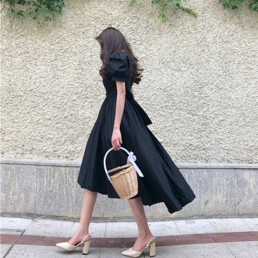 flowersverse Back to school outfit Women Dresses Summer French Sweet Temperament Female Retro Yamamoto Puff Sleeve Fresh Cross Bow-Lace Vestidos