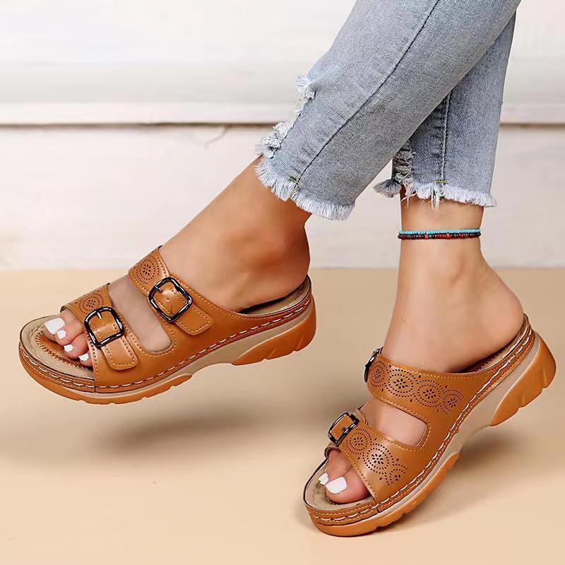 flowersverse Fashion Double Buckle Wedge Slippers Women Summer Brown PU Leather Platform Sandals Woman Casual Non Slip Beach Flip Flops