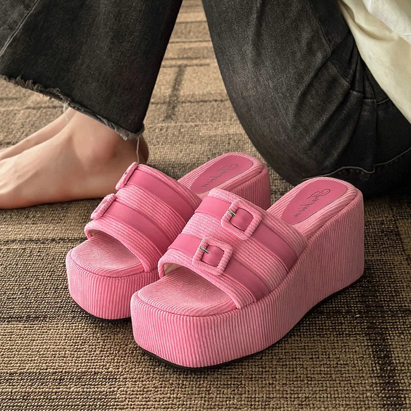 flowersverse-Square Head Platform Slippers Belt Buckles Corduroy Open-toe Women Sandals Summer New Designer Shoes Fashion Wedge Sandals