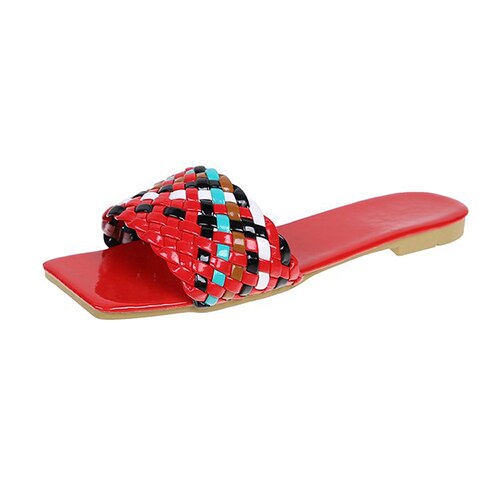 flowersverse New Fashion Weave Slippers Women Square Toe Flat Casual Shoes Women Slide Summer Flip Flops Beach Sandal Slipper Big Size42