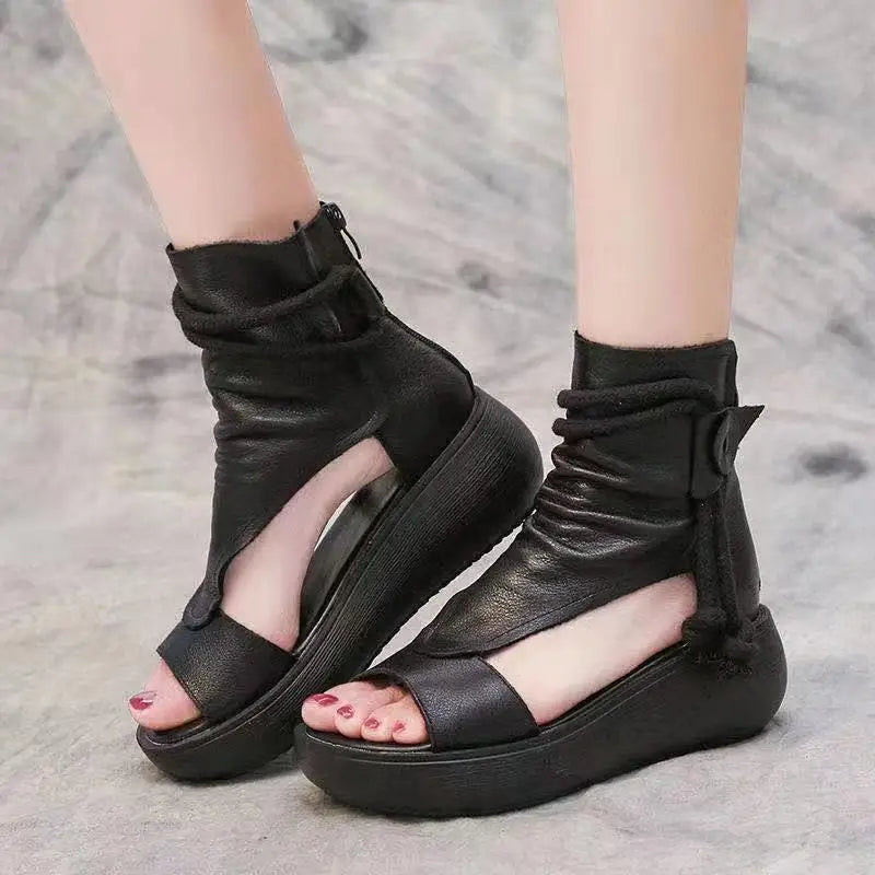flowersverse-Shoes for Women Ladies Vintage Pu Leather Boots Fashion Women Sandals Summer Mid Heels Wedges Shoes Sandalias Mujer Sneakers