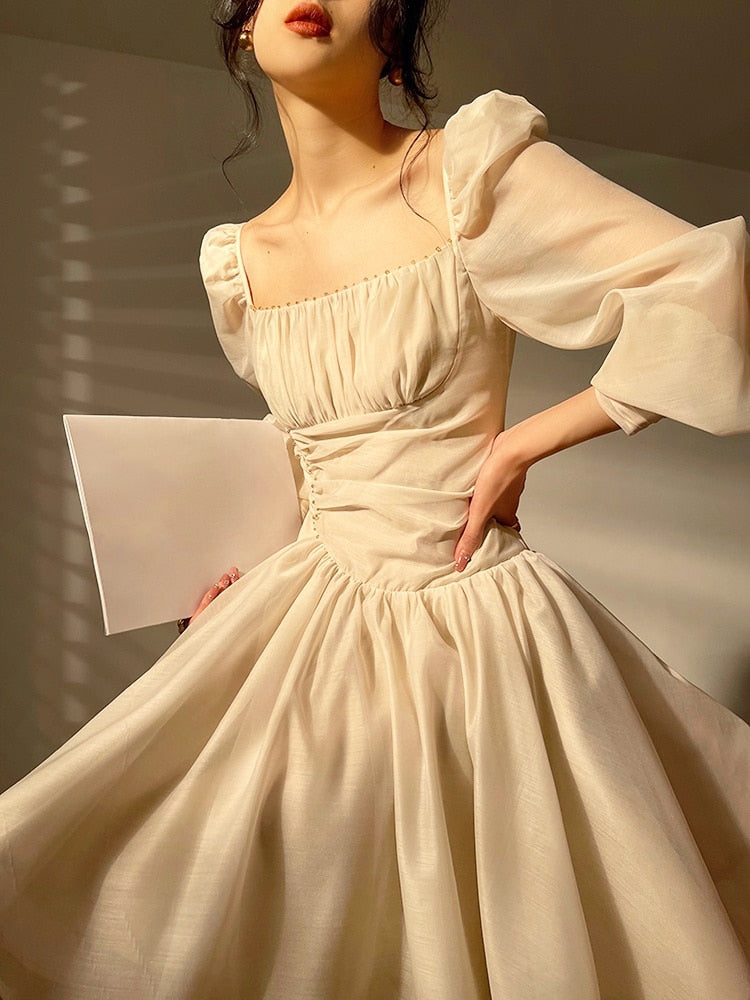 flowersverse Summer Pure Color Elegant Mini Dress Woman Casual Long Sleeve Short Party Dress Beach Style Korea Fashion Dress Office Lady