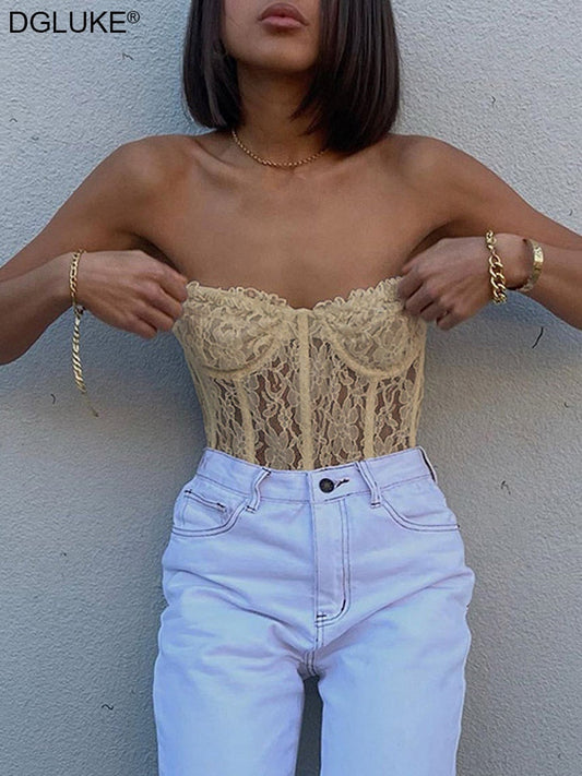 flowersverse Lace Bustier Corset Top Women Strapless Frill Crop Top Summer See Through Transparent Mesh Tops Party Club