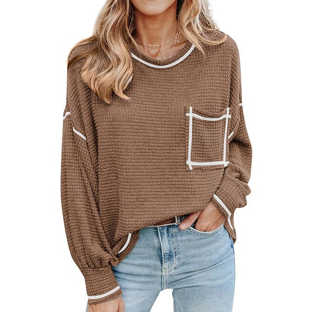 flowersverse Autumn Winter Feminine Clothes Fashion Casual Loose Puff Sleeve Pocket Women Tops Contrast Color Splice Vintage Ladies Pullovers