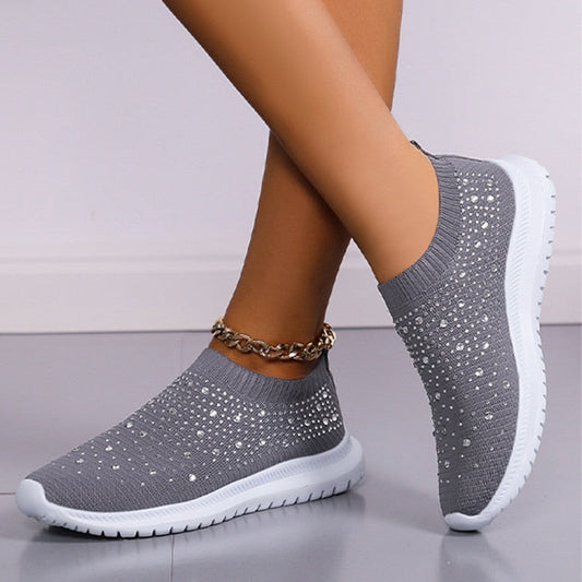 flowersverse Shining Crystal Flats Shoes for Women Plus Size Breathable Mesh White Sneakers Woman Spring Summer Soft Sole Sports Shoes