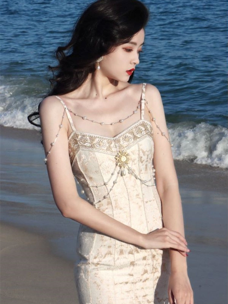 flowersverse Back to school Luxury Evening Dresses For Slim Lady Summer Vintage Gold Silk Spaghetti Straps Beading Gorgeous Trumpet Mermaid Dresses Vestidos