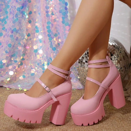 Pink Chunky Heeled Ankle Strap Pumps Sweet Platform Square Heel Woman High Heels Pumps Platform Shoes Spring Woman Shoes